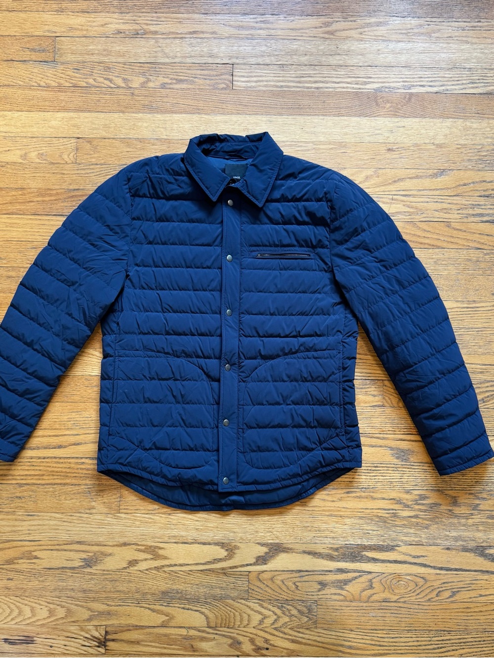 Vince Navy Quilted Puffer Jacket with Snap Front - L